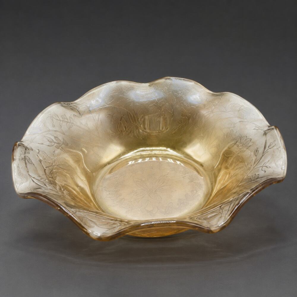 Vintage Jeannette Floragold (Marigold) Carnival Glass Ruffled Bowl